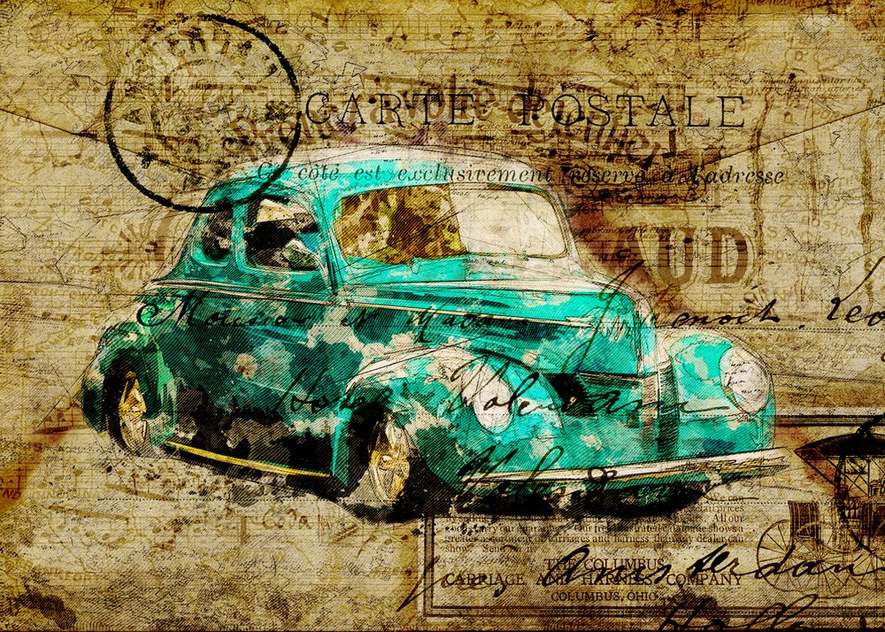 Carte postale vintage représentant une voiture bleu sarcelle - Lembayung senja studio [Vintage Poster]