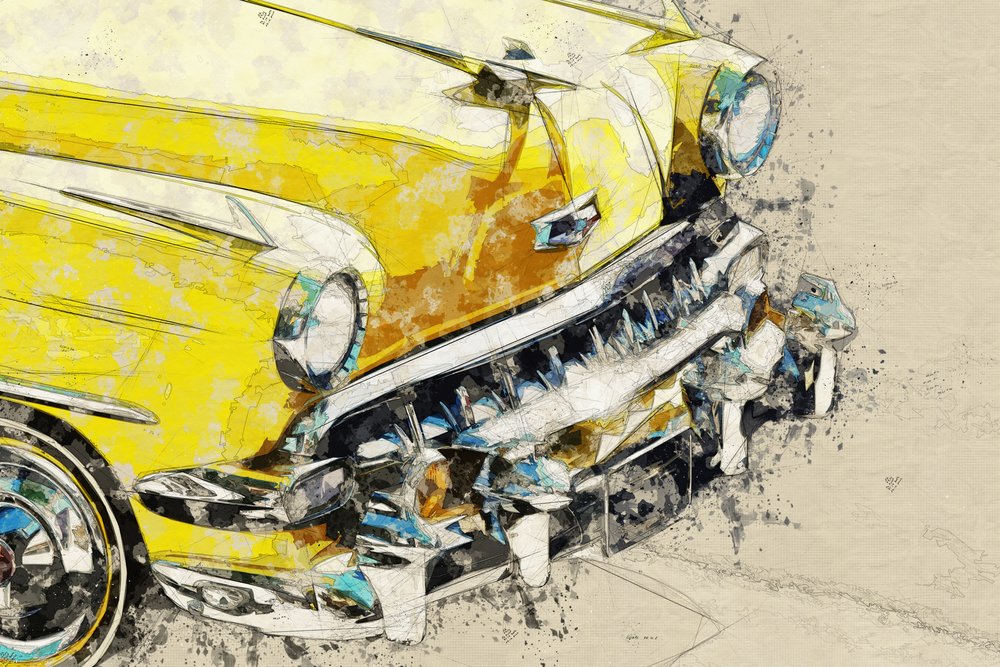 Voiture de collection jaune chromée - Lembayung senja studio [Vintage Poster]