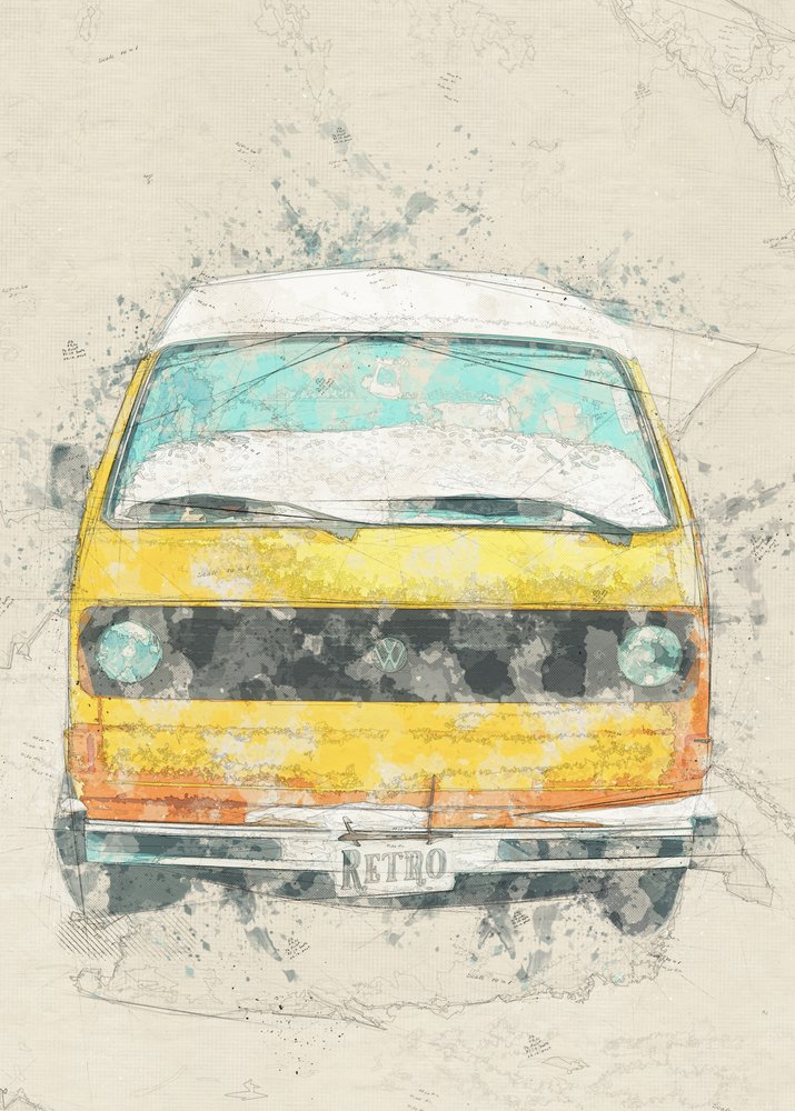 Camionnette de camping-car rétro jaune - Lembayung senja studio [Vintage Poster]
