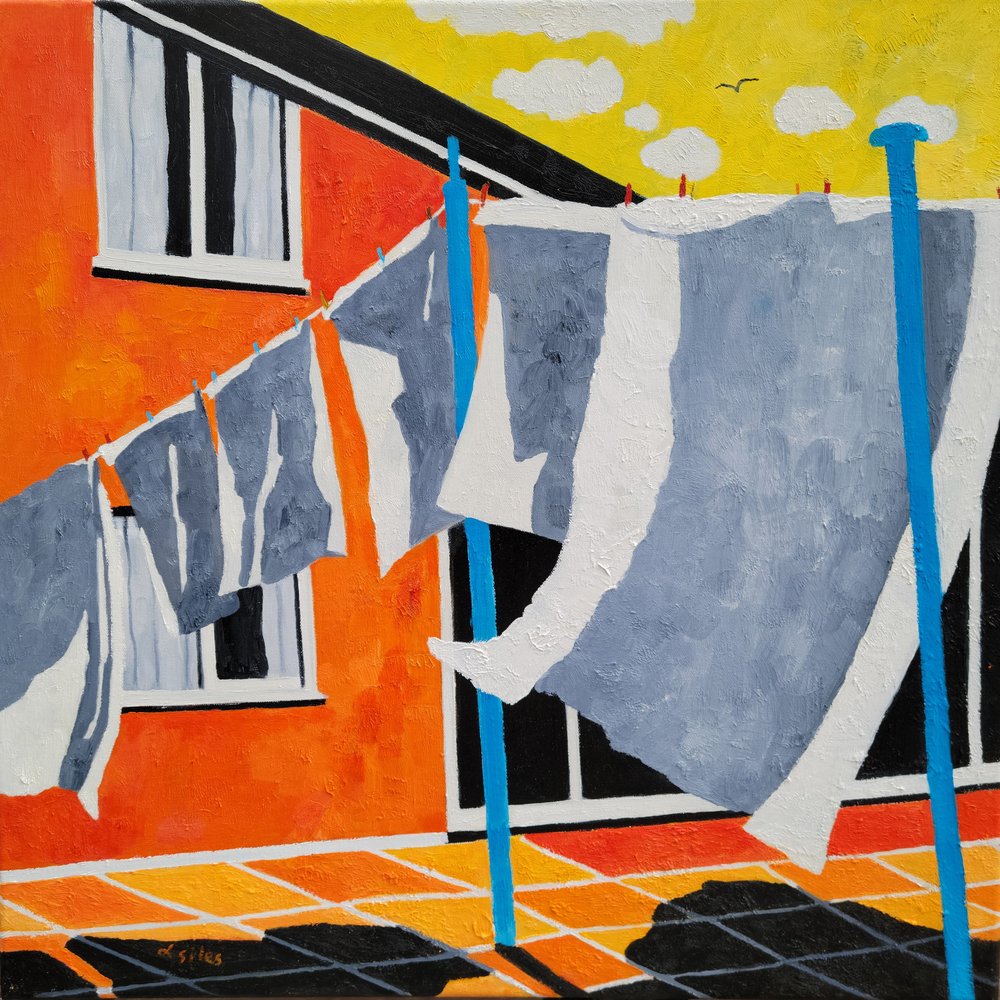 Terrasse ensoleillée avec étendoir à linge - Lesley Giles