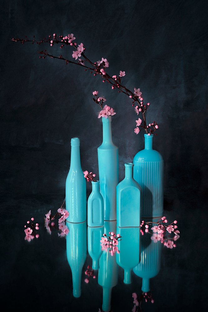 Vases bleus, fleurs roses - Lydia Jacobs