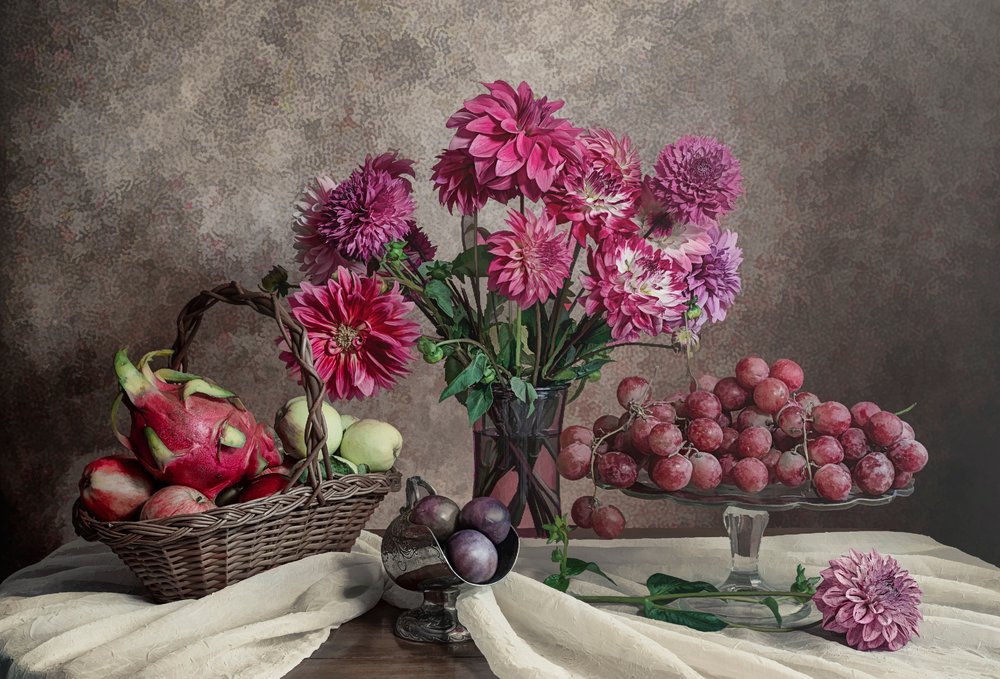 Nature morte aux dahlias et aux fruits - Lydia Jacobs