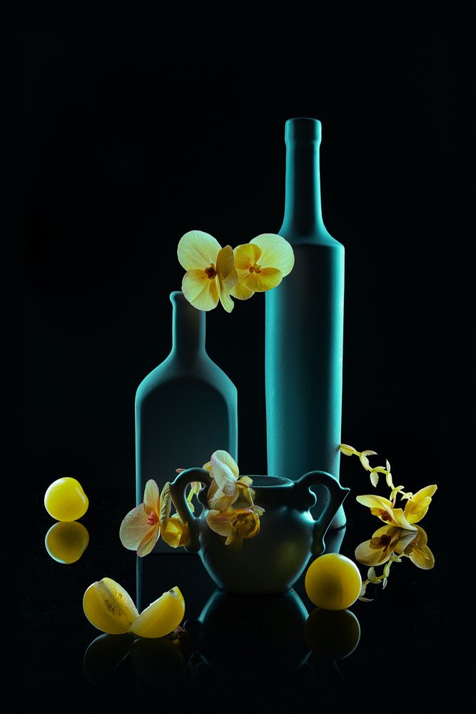Bouteilles bleu sarcelle « Golden Orchids » - Lydia Jacobs
