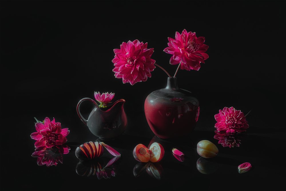 Dahlia et prunes aux couleurs mélancoliques - Lydia Jacobs