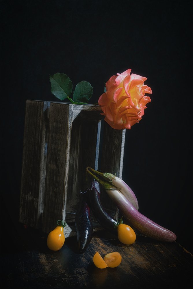 Nature morte aux roses et aux fruits et légumes - Lydia Jacobs