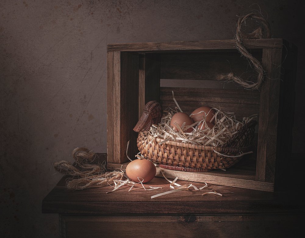 Œufs dans un panier rustique en forme de canard - Margareth Perfoncio