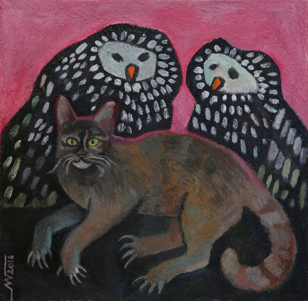 Un chat espiègle avec des chouettes - Marina Gorkaeva