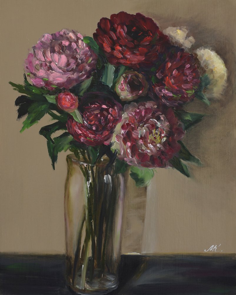 Pivoines rouge foncé dans un vase en verre - Peinture florale à l