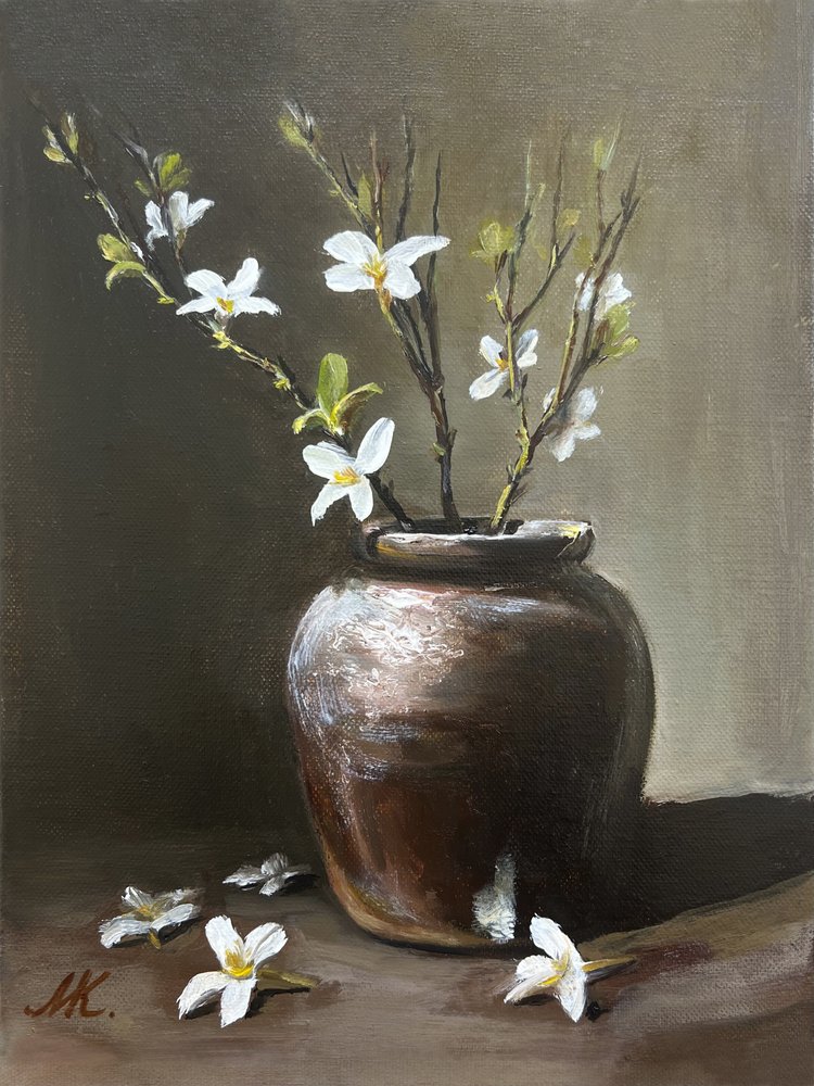 Vase rustique aux fleurs blanches - Marina Kozyr