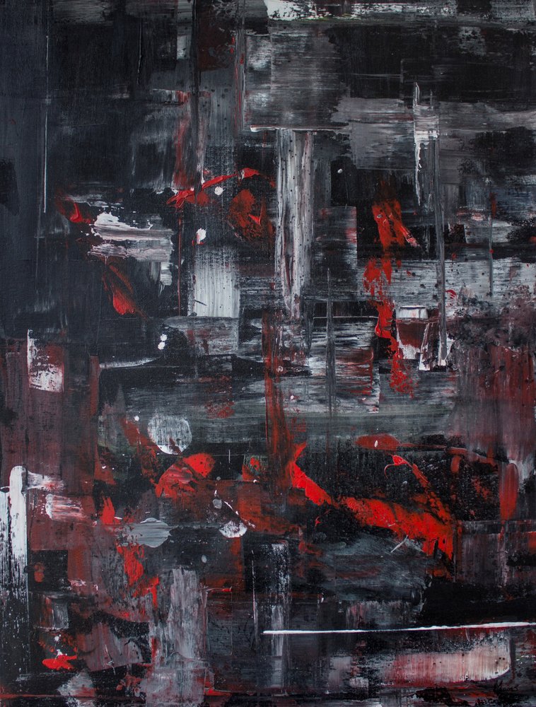 Abstrait dynamique représentant un paysage urbain rouge - Marloes Aerts