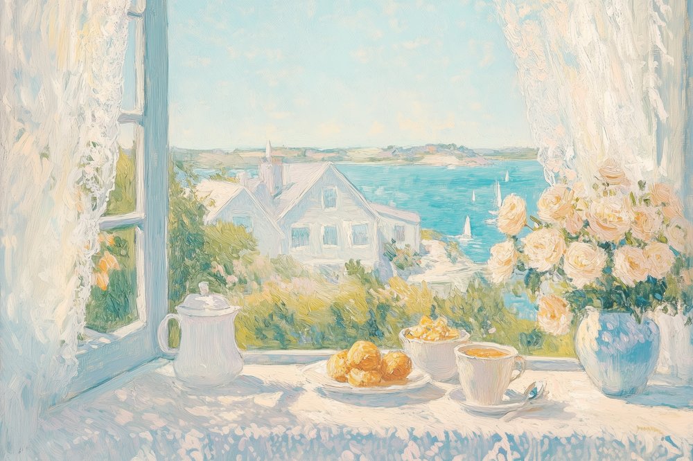 Vue sur le petit-déjeuner au bord de la mer - Melloi Art Prints