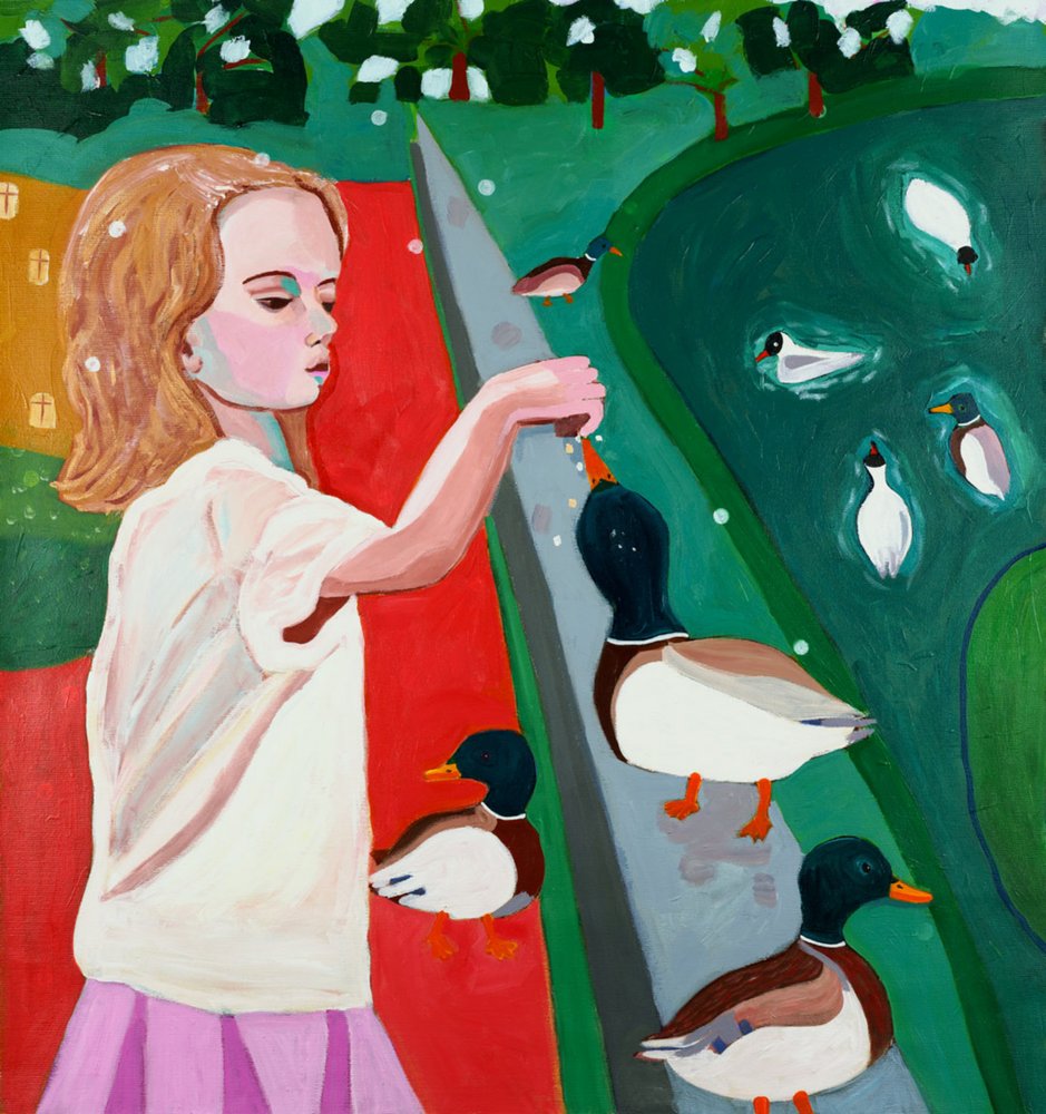 Une fillette qui donne à manger aux canards dans un parc - Monica Prentice