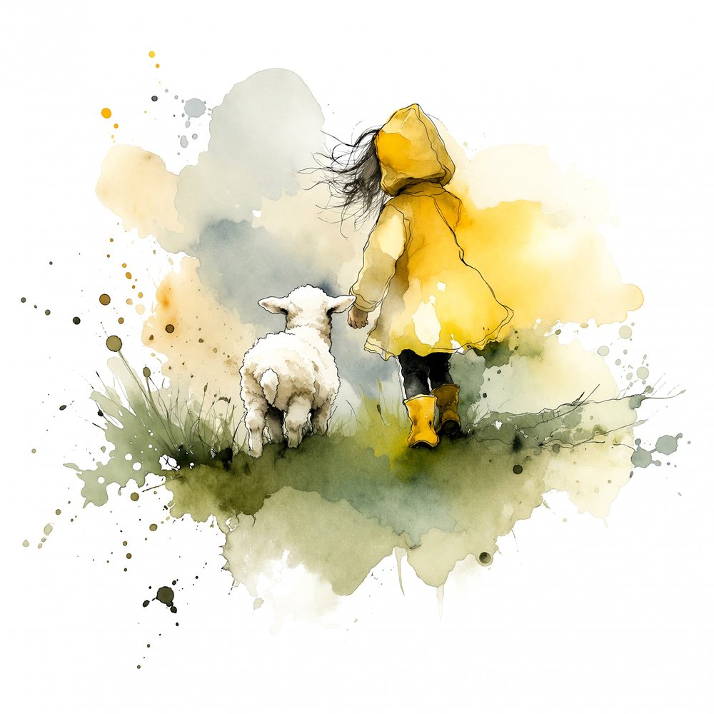 Un enfant en imperméable jaune marchant avec un agneau - Natalie Bruns