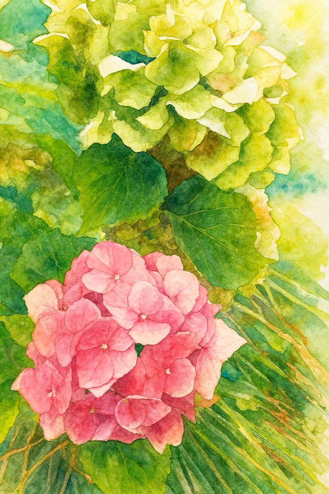 Hortensias roses et verts - Natalie Bruns