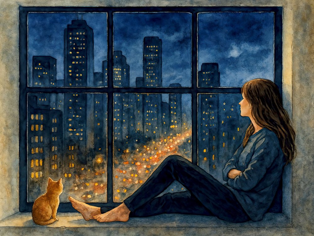 Femme, chat, ville, fenêtre - Natalie Bruns