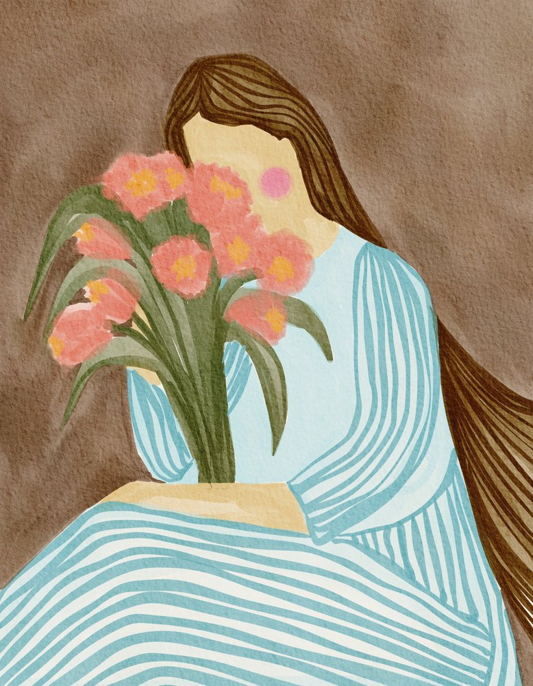 Une femme timide et des tulipes roses - Nikita Jariwala