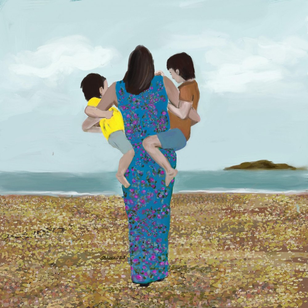 Mère et fils sur la plage - Osheensgallery