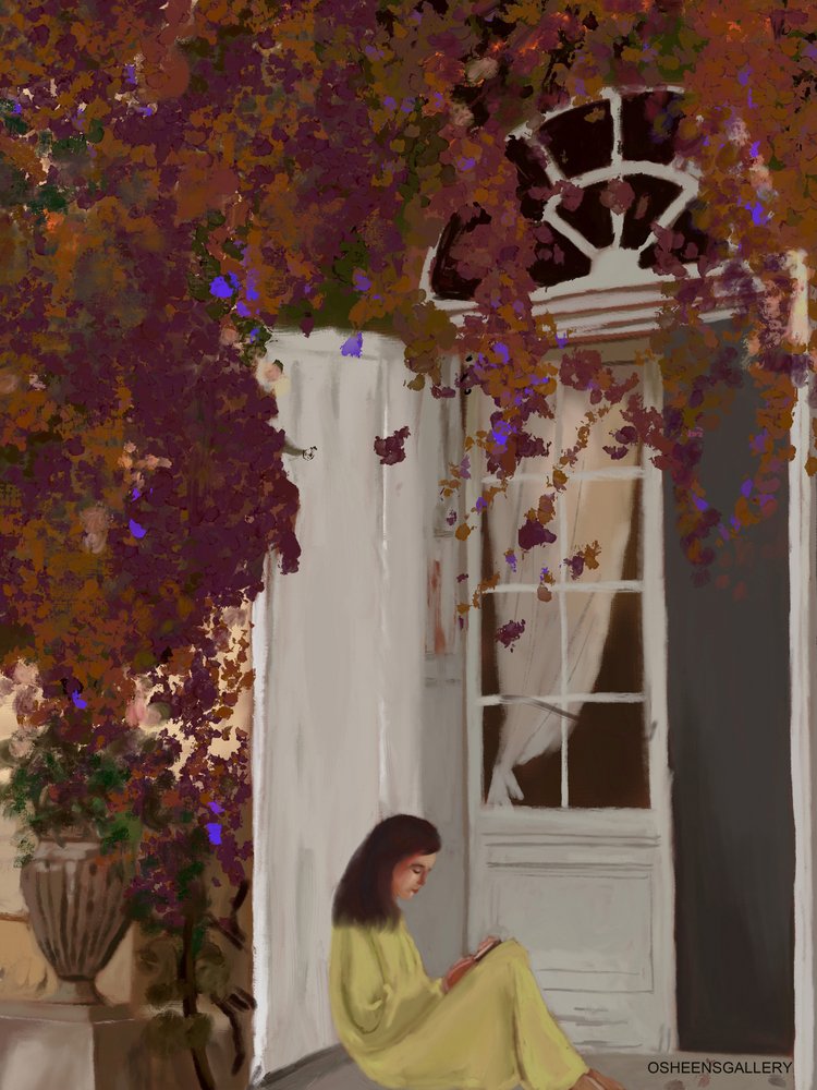 Lectrice silencieuse sous les bougainvilliers - Osheensgallery