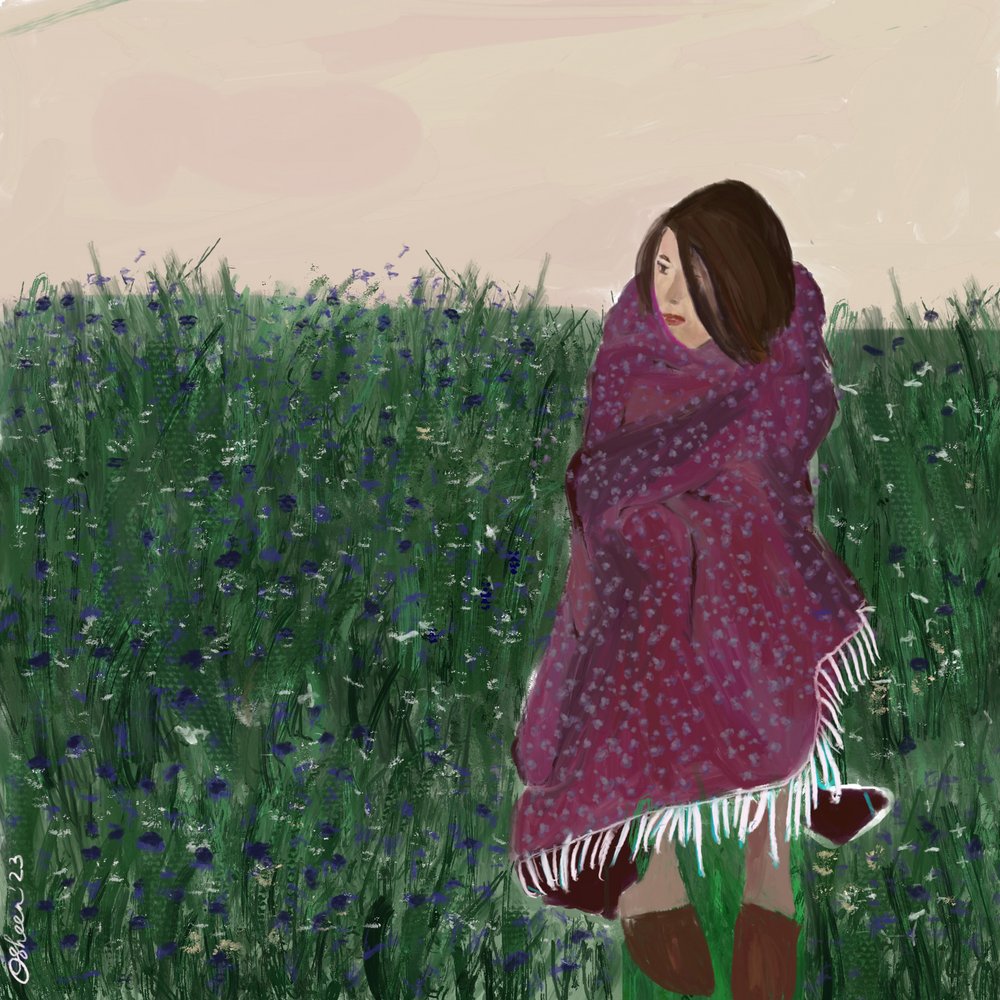 Femme dans un champ de fleurs sauvages - Osheensgallery