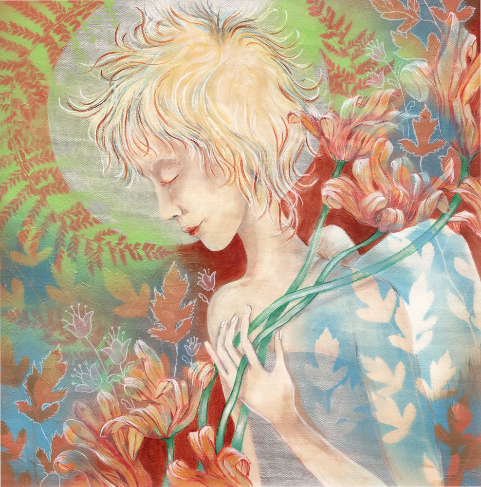 Femme rêveuse tenant des fleurs - Regina Martisiene