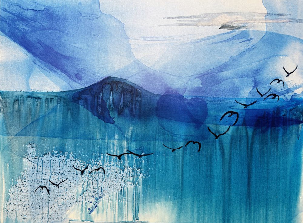Oiseaux dans un paysage marin bleu serein - RodMacIver