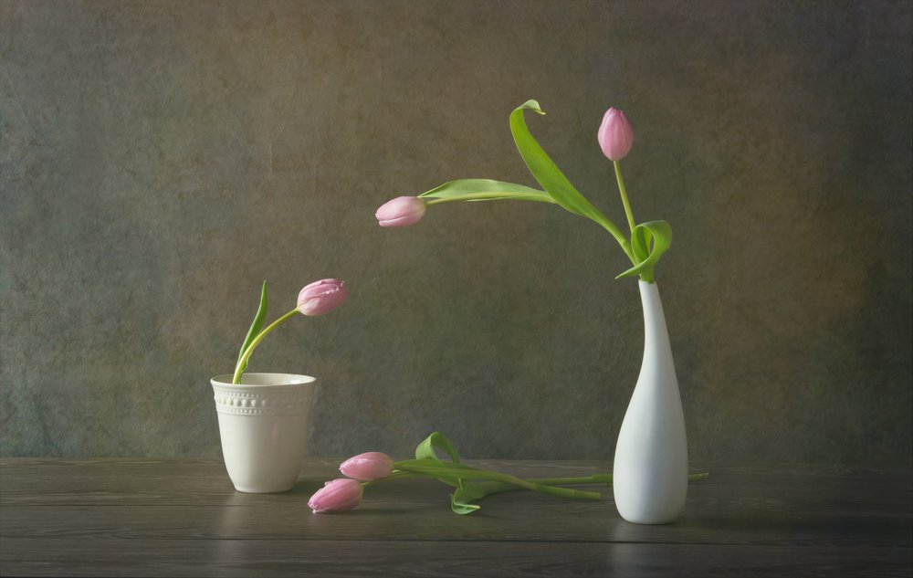 Nature morte aux élégantes tulipes roses - Rong Wei
