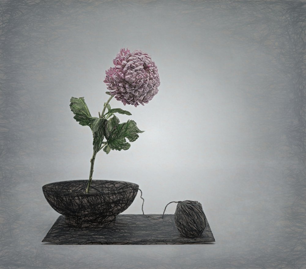 Nature morte aux fleurs roses texturées - Saskia Dingemans