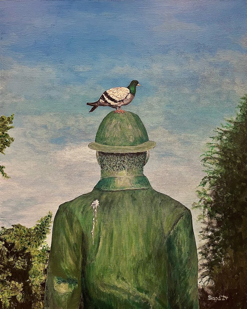 Pigeon sur un chapeau vert - Tom Blood