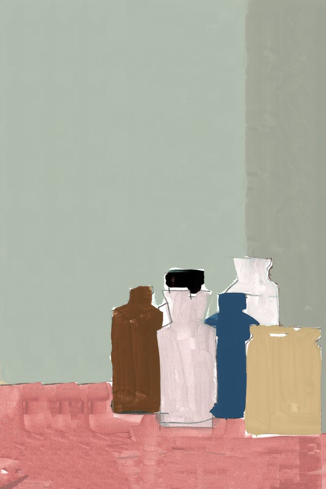 Nature morte aux bouteilles aux couleurs douces - cartissi