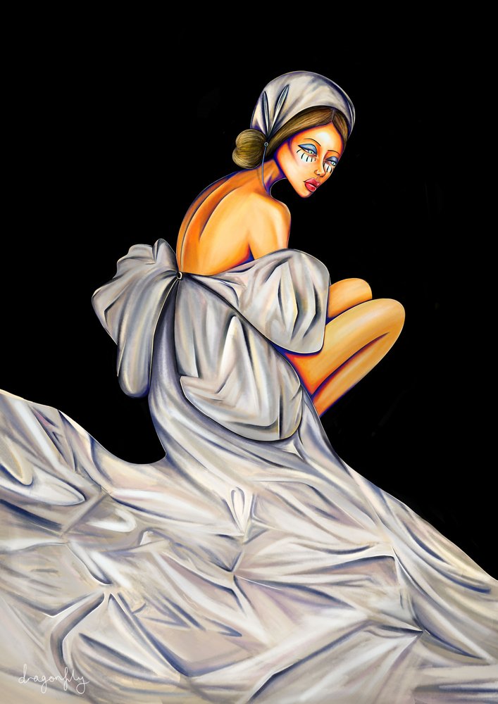 Femme pensive en blanc - dragonfly