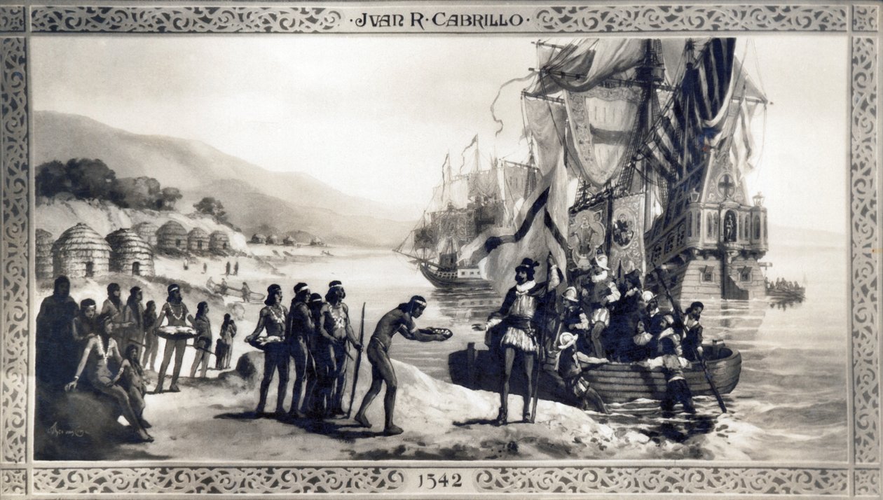 Californie : 1542 Une peinture représentant Juan Rodriguez Cabrillo rencontrant des indigènes sur la côte californienne lors de son expédition. - Unknown