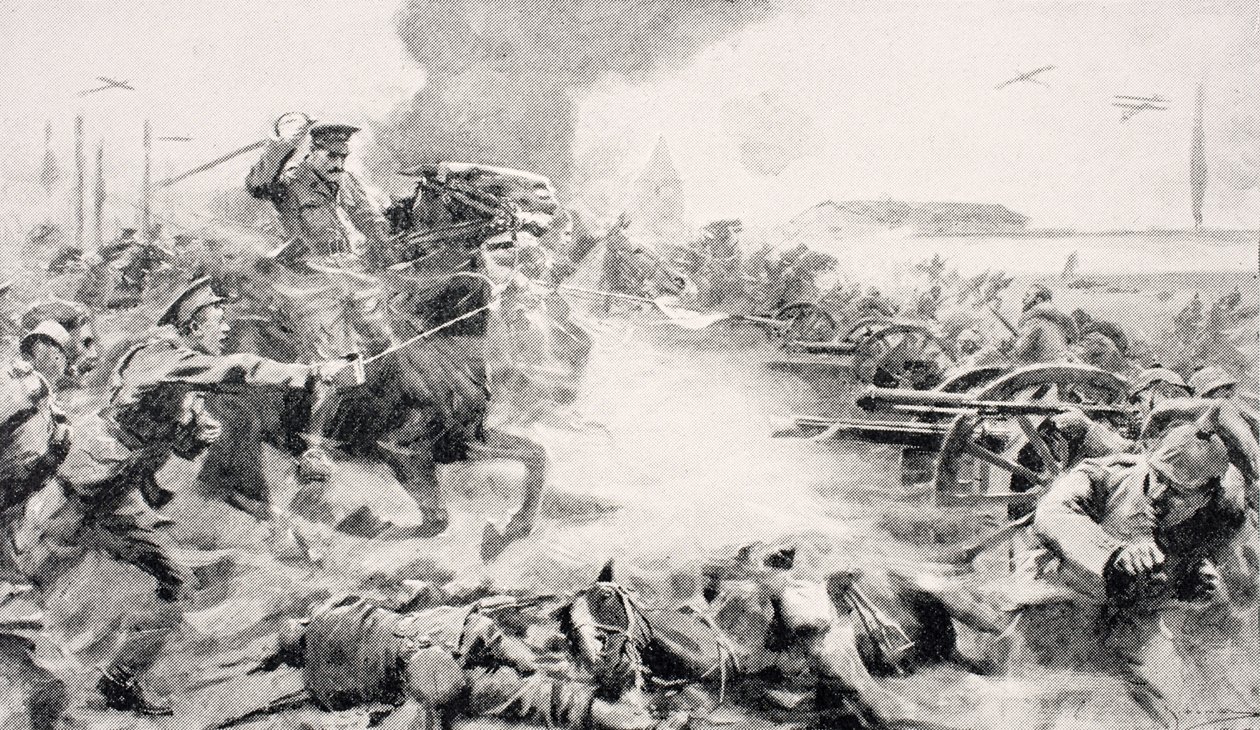 Le capitaine F.O. Grenfell, VC, menant la charge des 9e Lanciers pour reprendre les canons capturés près de Doubon, 24 août 1914, de 