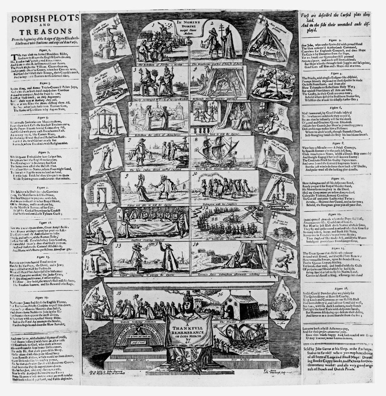Complots et trahisons papistes depuis le début du règne de la reine Élisabeth, illustrés avec des emblèmes et expliqués en vers, gravés par Cornelis Danckerts (c.1603-56) - English School