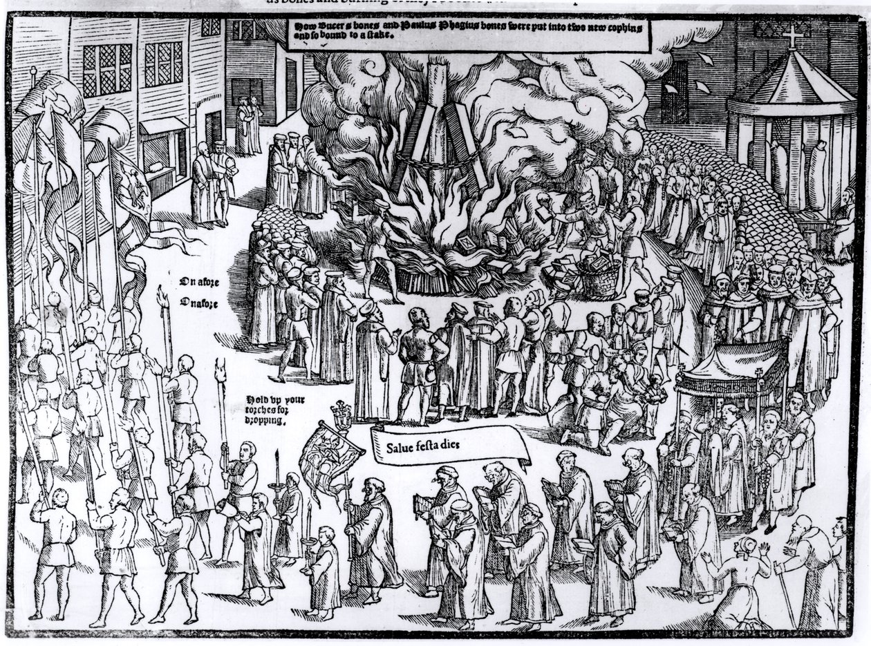 La crémation des restes de Martin Bucer (1491-1551) et Paul Fagius (1504-49) sur Market Hill à Cambridge en 1557, de 