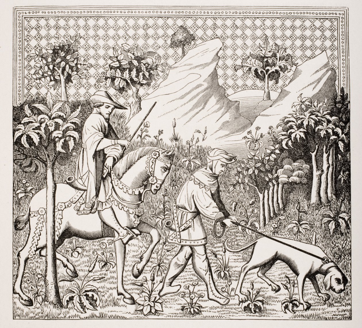 Noble en costume de chasse avec son serviteur et son chien, d