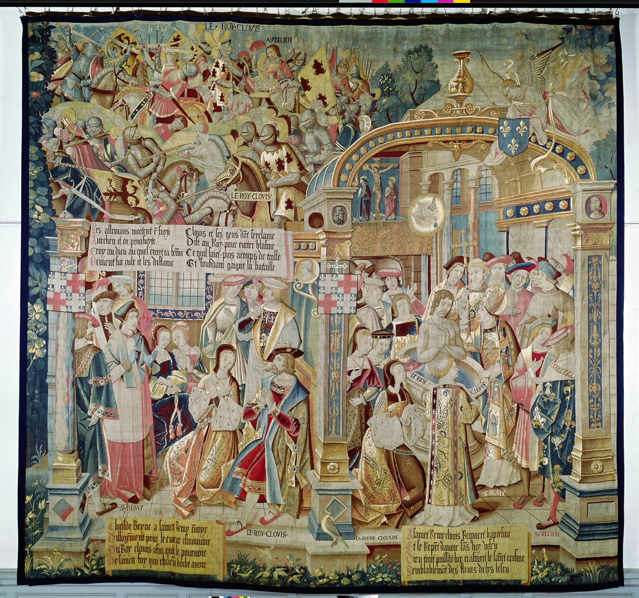 Scènes de la vie de Saint Remi (d.533) évêque de Reims : la bataille de Tolbiac en 496 : la conversion et le baptême de Clovis I (465-511), roi des Francs, 1531 - French School