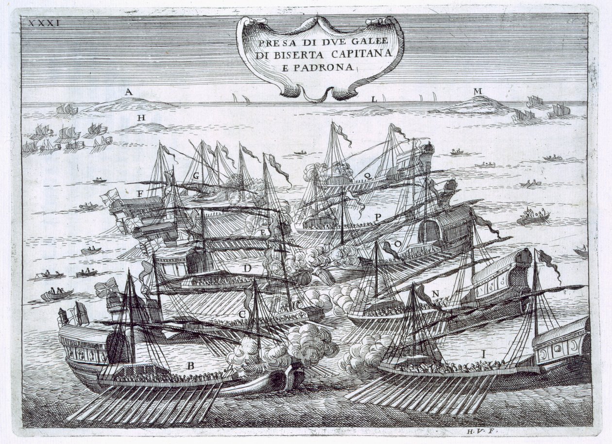 Deux galions de Birserta pris par les Italiens dans une bataille navale, principalement des galéasses, illustration de 