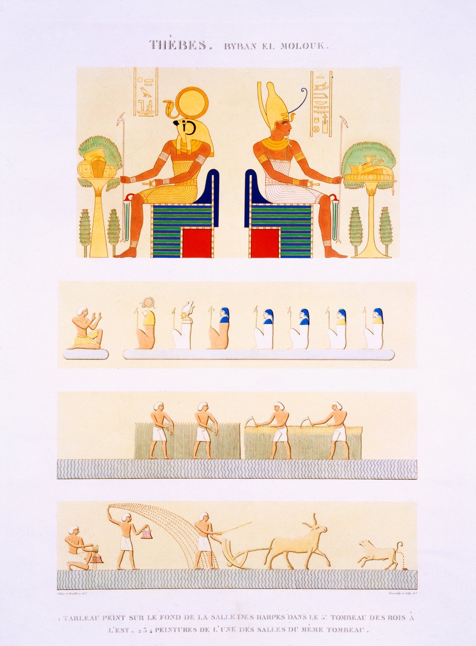 Illustrations de panneaux peints et de fresques des Harpes de la 5ème tombe des Rois de l