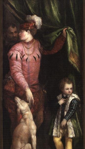 Un jeune homme avec un garçon élégamment vêtu et un lévrier - Veronese