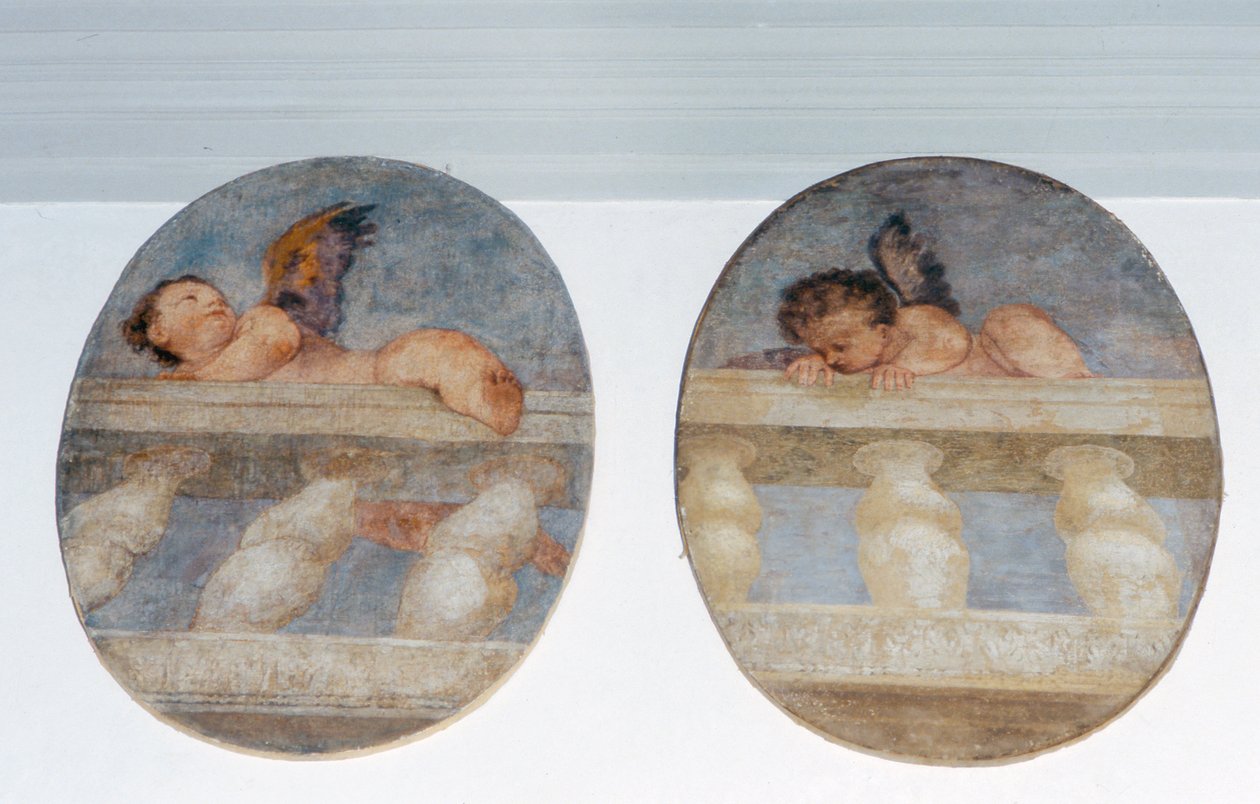 Deux putti ailés grimpant sur une balustrade, médaillons de la sacristie (fresque) - Veronese