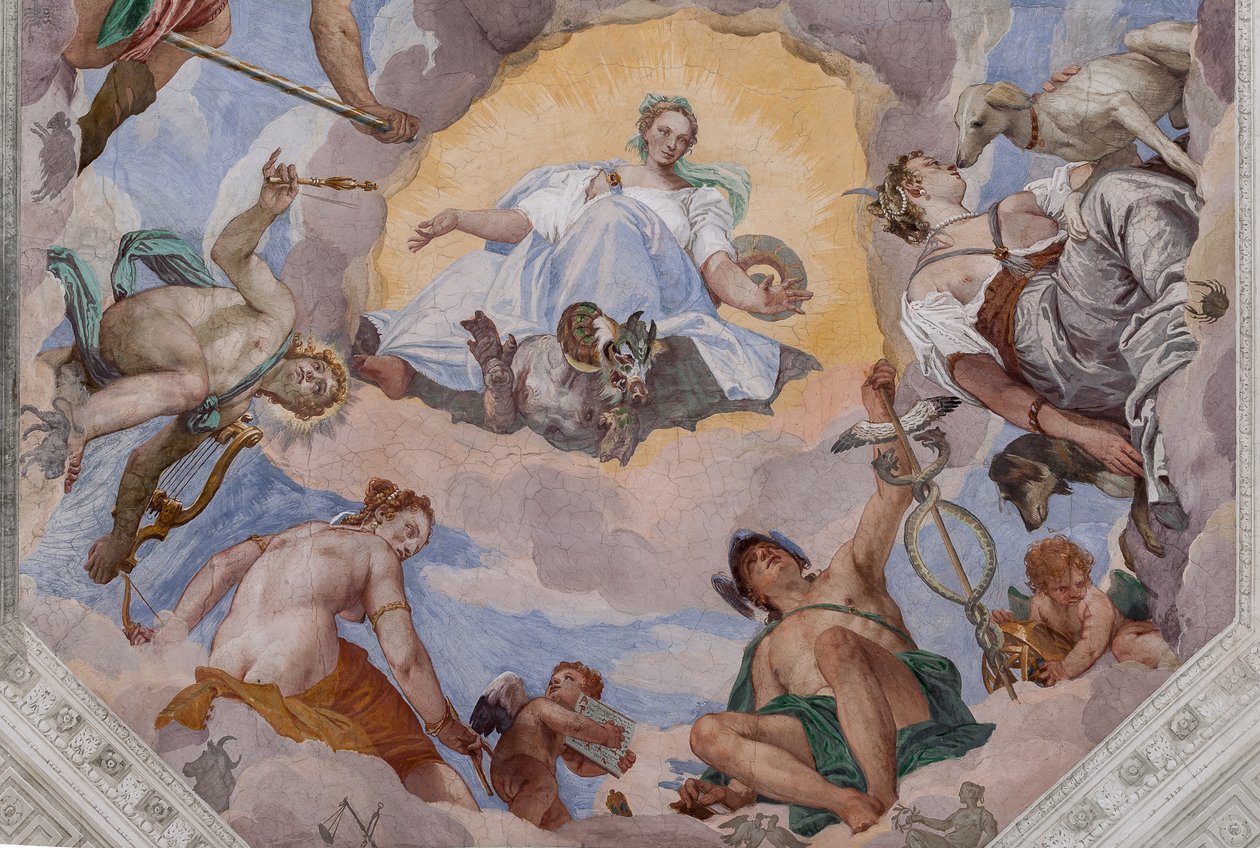 Harmonie universelle entourée de dieux : Zeus avec un aigle, Mars, Apollon avec la lyre, Vénus, Mercure avec le caducée, Diane avec des chiens, et Saturne, l