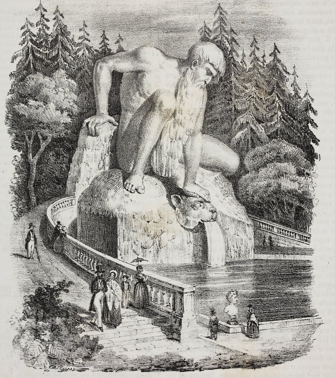 Colosse des Apennins (par Giambologna) dans le parc de la Villa Demidoff (Villa Medicea de Pratolino), Vaglia, Toscane, Italie, lithographie de Giovanni Mariani de Poliorama Pittoresco, n 10, 15 octobre - Giambologna