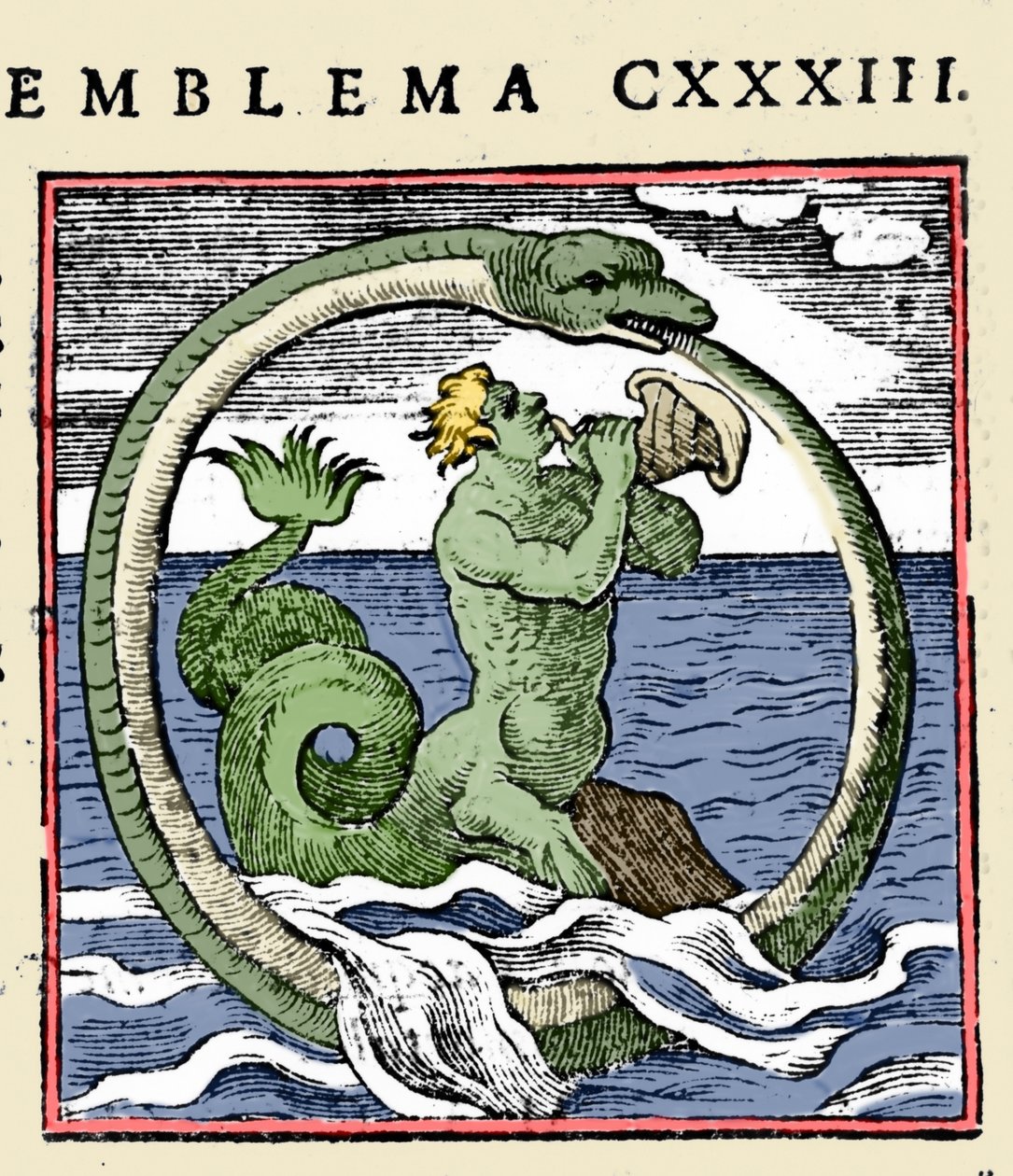 Un triton et un ouroboros, illustration "Emblemata" par Andrea Alciati - (after) Italian School