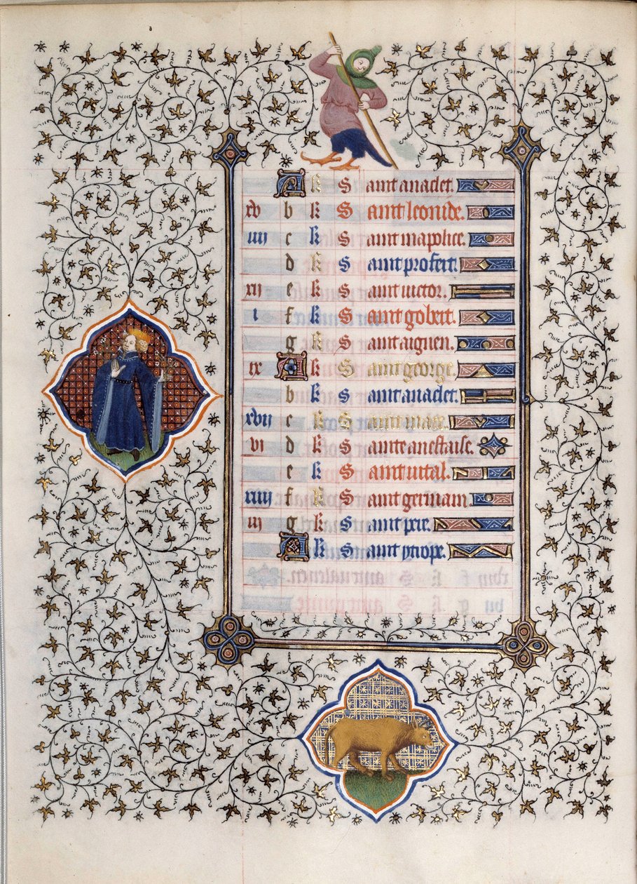 Page du manuscrit « Les Très Riches Heures du Duc François de Guise » enluminé par le Maître de Boucicaut : représentation des signes du zodiaque et scènes de la vie quotidienne : le taureau. 15ème siècle. Musée Condé, Chantilly - (and workshop) Boucicaut Master