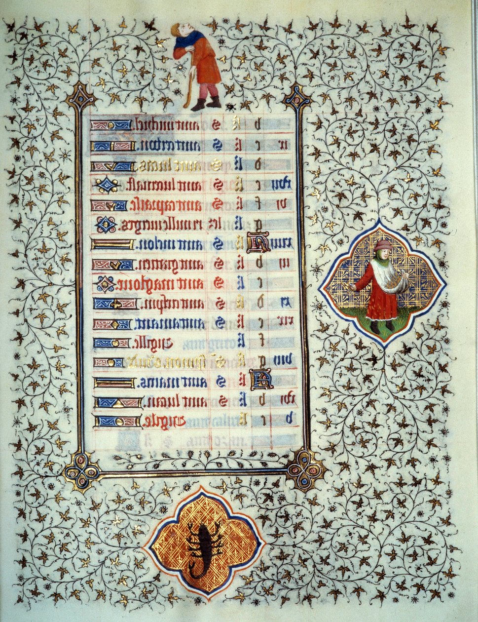 Page du manuscrit « Les Très Riches Heures du Duc François de Guise » enluminé par le Maître de Boucicaut : représentation des signes du zodiaque et scènes de la vie quotidienne : scorpion et plantation. 15e siècle. Musée Condé, Chantilly - (and workshop) Boucicaut Master