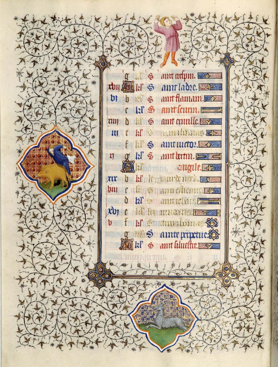 Page du manuscrit « Les Très Riches Heures du Duc François de Guise » enluminé par le Maître de Boucicaut : représentation des signes du zodiaque et scènes de la vie quotidienne : le capricorne et la chasse au sanglier. 15e siècle. Musée Condé, Chantilly - (and workshop) Boucicaut Master