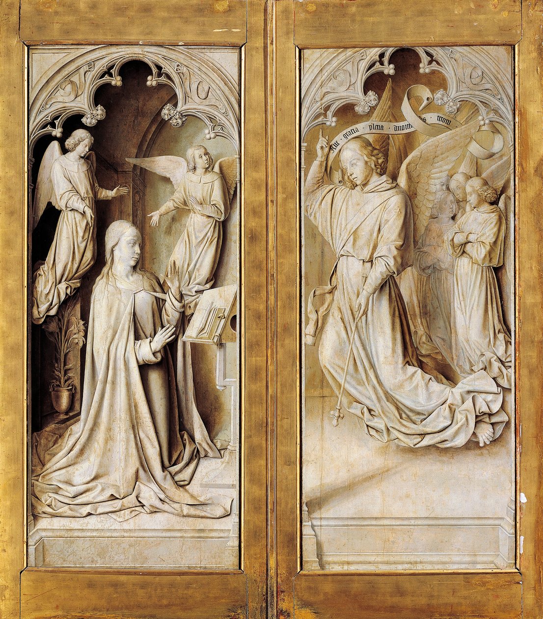 Annonciation en grisaille, ailes extérieures du triptyque retable (vers 1489-1502) par le Maître de Moulins, dans la cathédrale Notre-Dame, Moulins, France - (fl.c.1483 c.1529) Master of Moulins