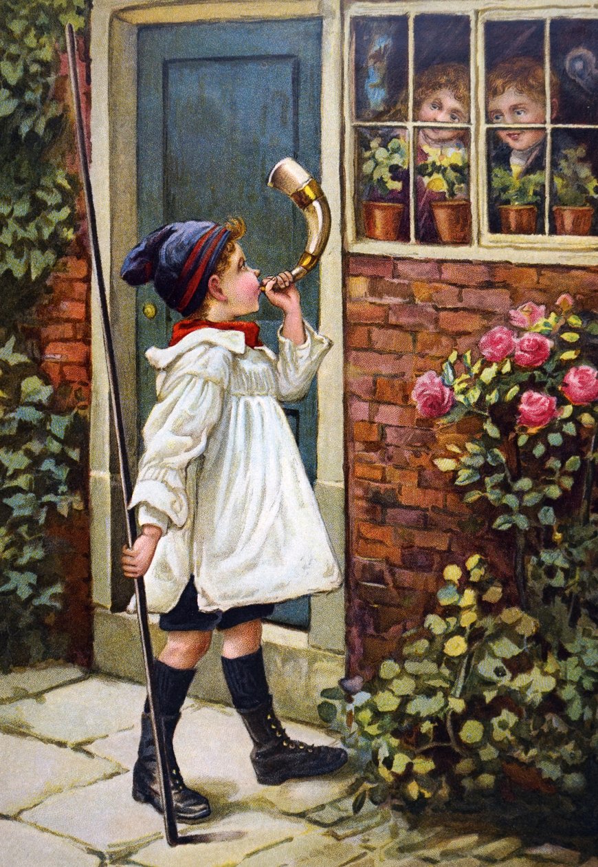 Un jeune garçon soufflant dans une corne devant sa maison - Unknown