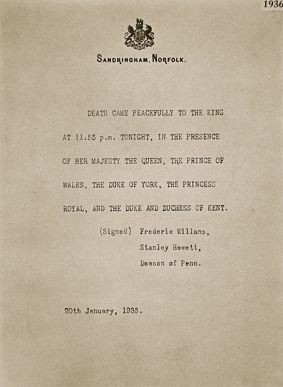 Bulletin affiché à Sandringham lors de la mort du roi George V, 20 janvier 1936 - Unknown