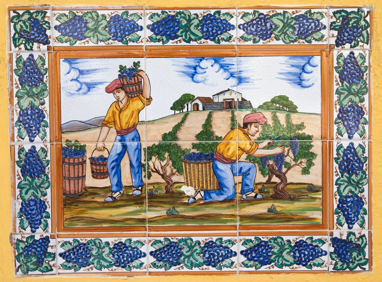 Carreaux de céramique espagnole moderne de style XVIIe ou XVIIIe siècle montrant des ouvriers de vignoble coupant des grappes de raisin - Unknown